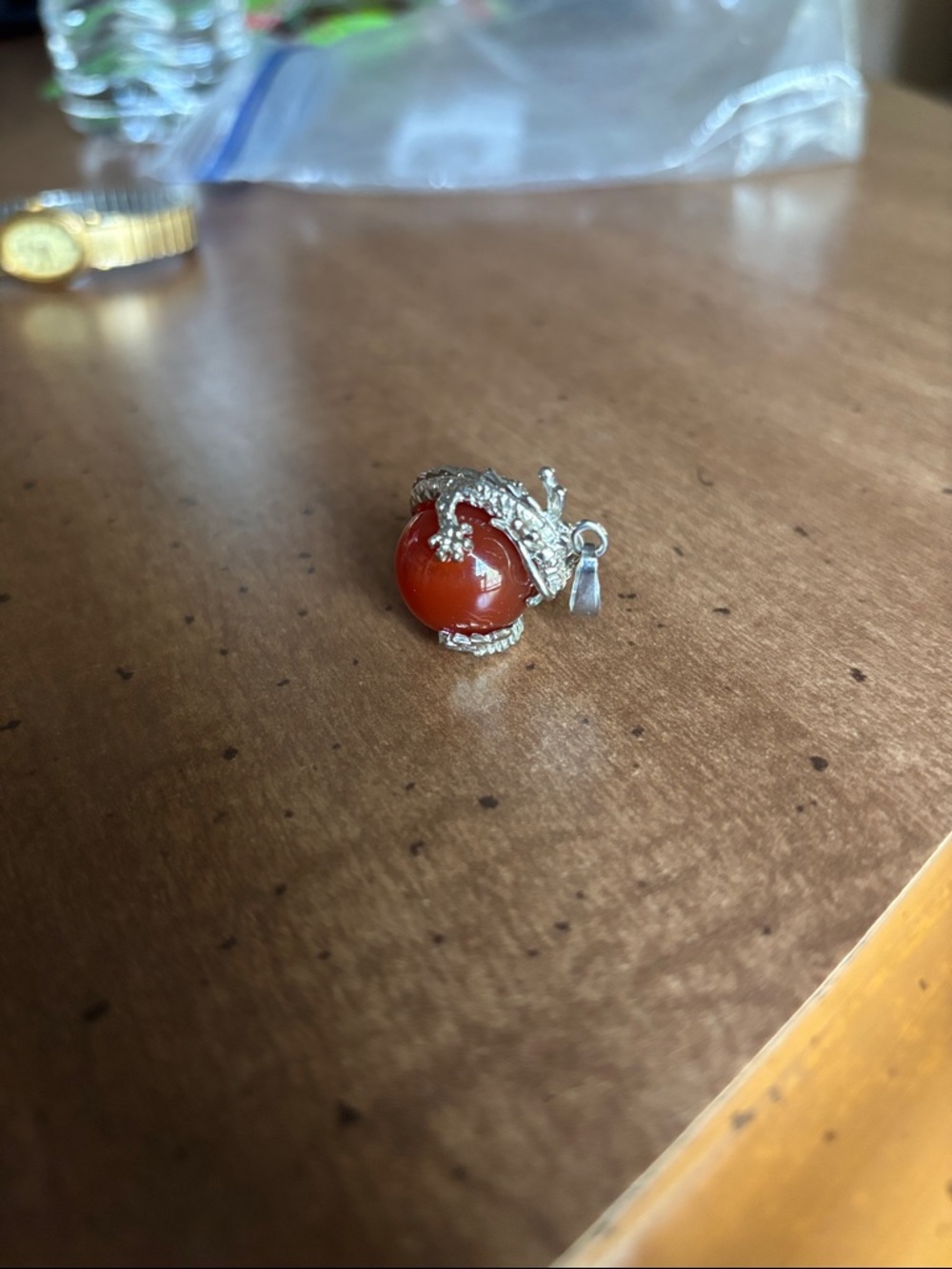 Silver Dragon Carnelian Pendant - Red Stone Charm